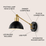 Lisa 18" Swing Arm Modern Midcentury Iron USB Charging Port LED Sconce