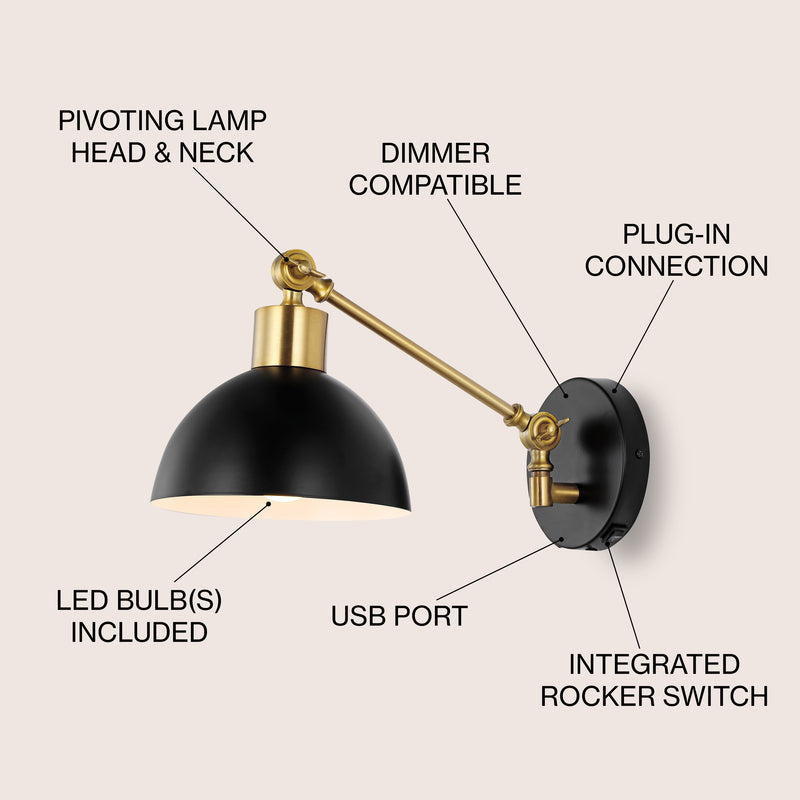 Lisa 18" Swing Arm Modern Midcentury Iron USB Charging Port LED Sconce