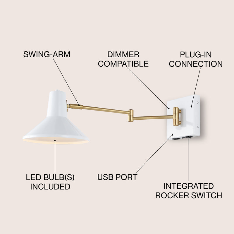 Hygge 16" Swing Arm Modern Midcentury Iron USB Charging Port LED Sconce - JONATHAN Y