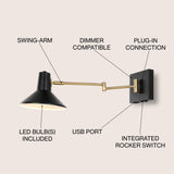 Hygge 16" Swing Arm Modern Midcentury Iron USB Charging Port LED Sconce