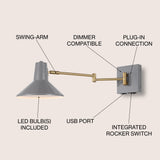 Hygge 16" Swing Arm Modern Midcentury Iron USB Charging Port LED Sconce