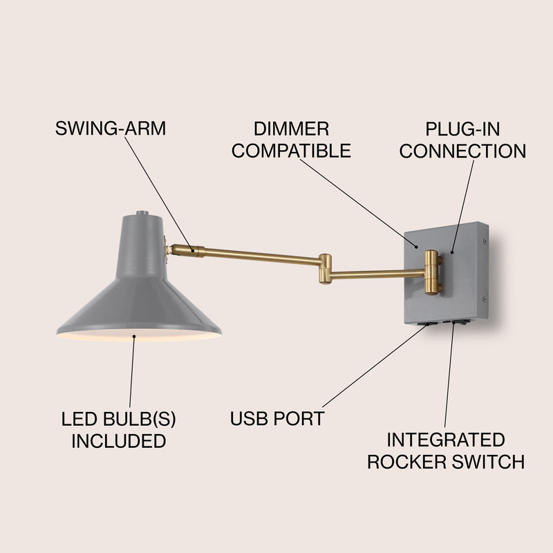 Hygge 16" Swing Arm Modern Midcentury Iron USB Charging Port LED Sconce