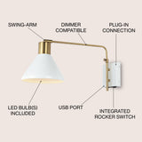 Max 20.5" Swing Arm Modern Midcentury Iron USB Charging Port LED Sconce - JONATHAN Y
