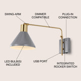 Max 20.5" Swing Arm Modern Midcentury Iron USB Charging Port LED Sconce