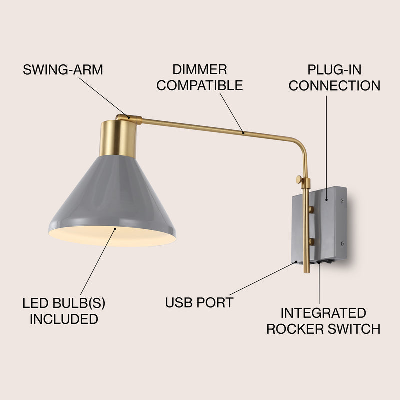 Max 20.5" Swing Arm Modern Midcentury Iron USB Charging Port LED Sconce