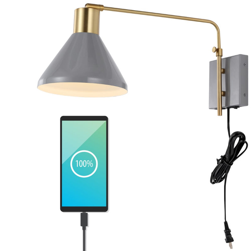 Max 20.5" Swing Arm Modern Midcentury Iron USB Charging Port LED Sconce - JONATHAN Y