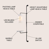 Andre 11.5" Contemporary Industrial Iron Plug-In with Adjustable White Marble Table LED Sconce - JONATHAN Y