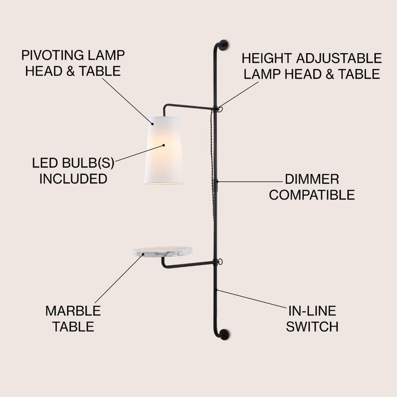 Andre 11.5" Contemporary Industrial Iron Plug-In with Adjustable White Marble Table LED Sconce - JONATHAN Y
