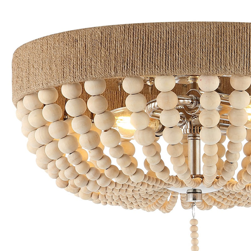 Justina Wood Bead 14" Farmhouse Bohemian Iron LED Flush Mount - JONATHAN Y