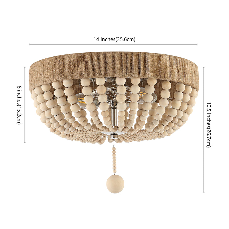 Justina Wood Bead 14" Farmhouse Bohemian Iron LED Flush Mount - JONATHAN Y