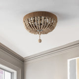 Justina Wood Bead 14" Farmhouse Bohemian Iron LED Flush Mount - JONATHAN Y
