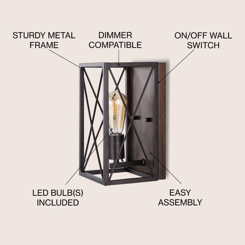 Norris X-Frame 6" Farmhouse Rustic Iron LED Sconce - JONATHAN Y
