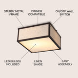 Grant 14.13" Minimalist Industrial Square Linen Iron LED Flush Mount - JONATHAN Y