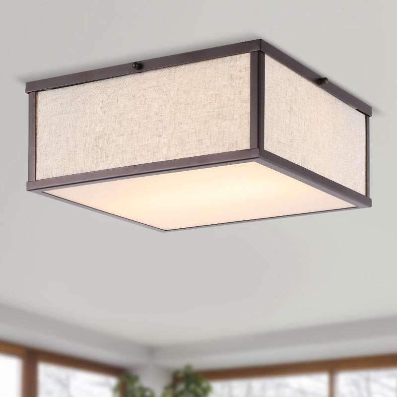 Grant 14.13" Minimalist Industrial Square Linen Iron LED Flush Mount - JONATHAN Y