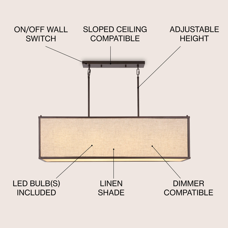 Cole 42" Minimalist Industrial Rectangular Linen Iron Linear LED Pendant - JONATHAN Y