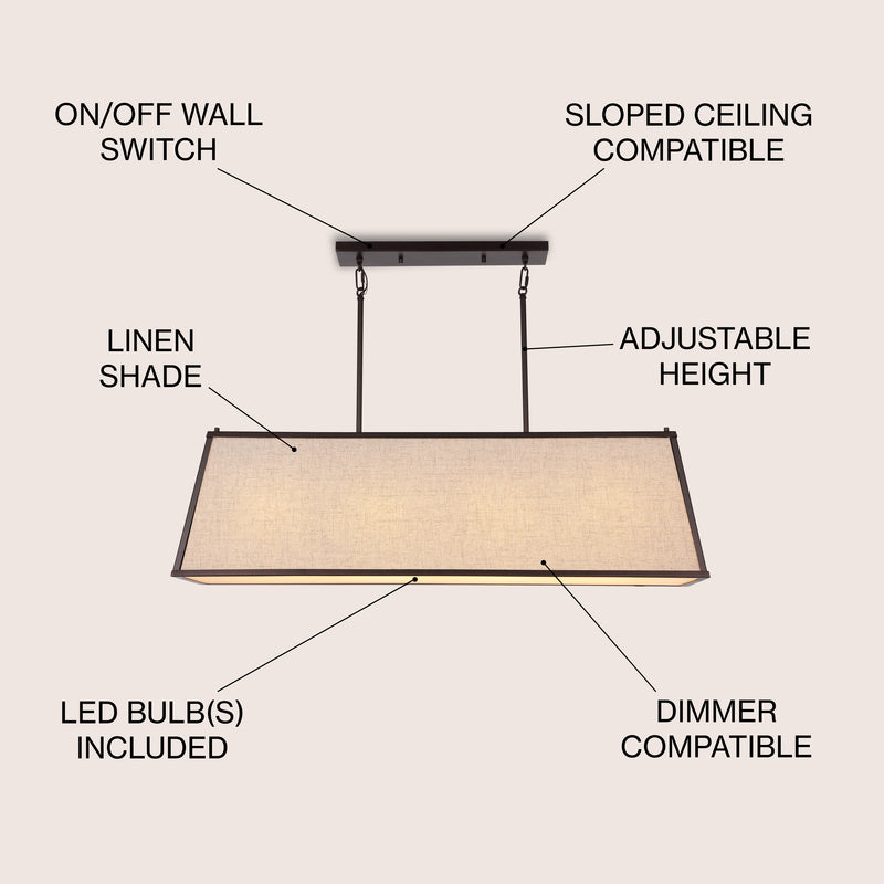 Crosby 42" Minimalist Industrial Trapezoidal Linen Iron Linear LED Pendant - JONATHAN Y
