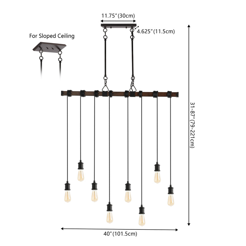 Rhys 40" 8-Light Vintage Industrial Driftwood Iron LED Linear Chandelier with Height Adjustable Bulbs - JONATHAN Y