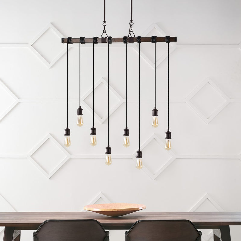 Rhys 40" 8-Light Vintage Industrial Driftwood Iron LED Linear Chandelier with Height Adjustable Bulbs - JONATHAN Y