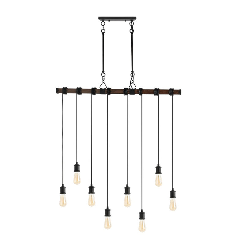 Rhys 40" 8-Light Vintage Industrial Driftwood Iron LED Linear Chandelier with Height Adjustable Bulbs - JONATHAN Y
