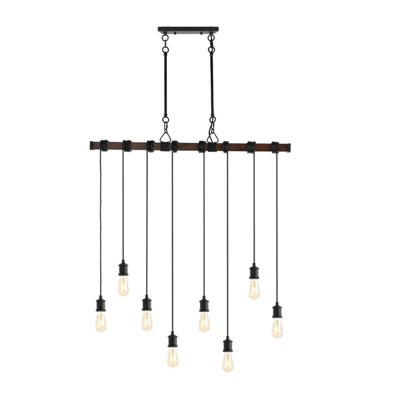 Rhys 40" 8-Light Vintage Industrial Driftwood Iron LED Linear Chandelier with Height Adjustable Bulbs - JONATHAN Y