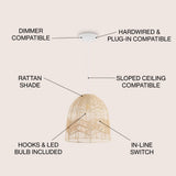 Sofia 17.5" Farmhouse Coastal Rattan 180" Cord Plug-In or Hardwired LED Pendant - JONATHAN Y
