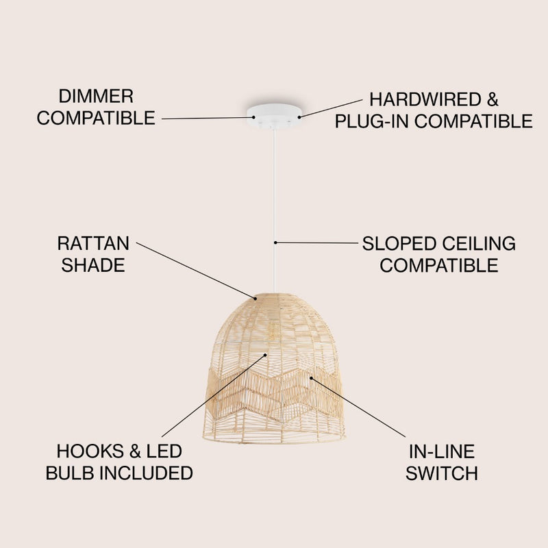 Sofia 17.5" Farmhouse Coastal Rattan 180" Cord Plug-In or Hardwired LED Pendant - JONATHAN Y