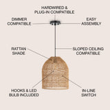 Koda 13" Farmhouse Coastal Bohemian Rattan 180" Cord Plug-In or Hardwired LED Pendant - JONATHAN Y