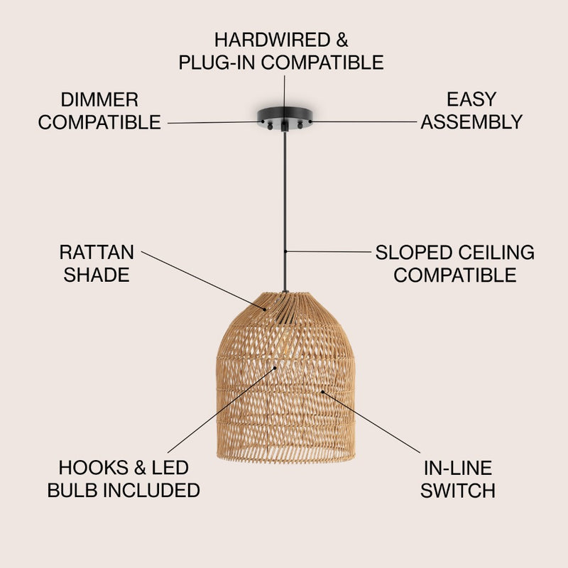 Koda 13" Farmhouse Coastal Bohemian Rattan 180" Cord Plug-In or Hardwired LED Pendant - JONATHAN Y