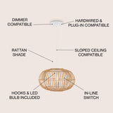 Leo 17.5" Farmhouse Coastal Rattan 180" Cord Plug-In or Hardwired LED Pendant - JONATHAN Y
