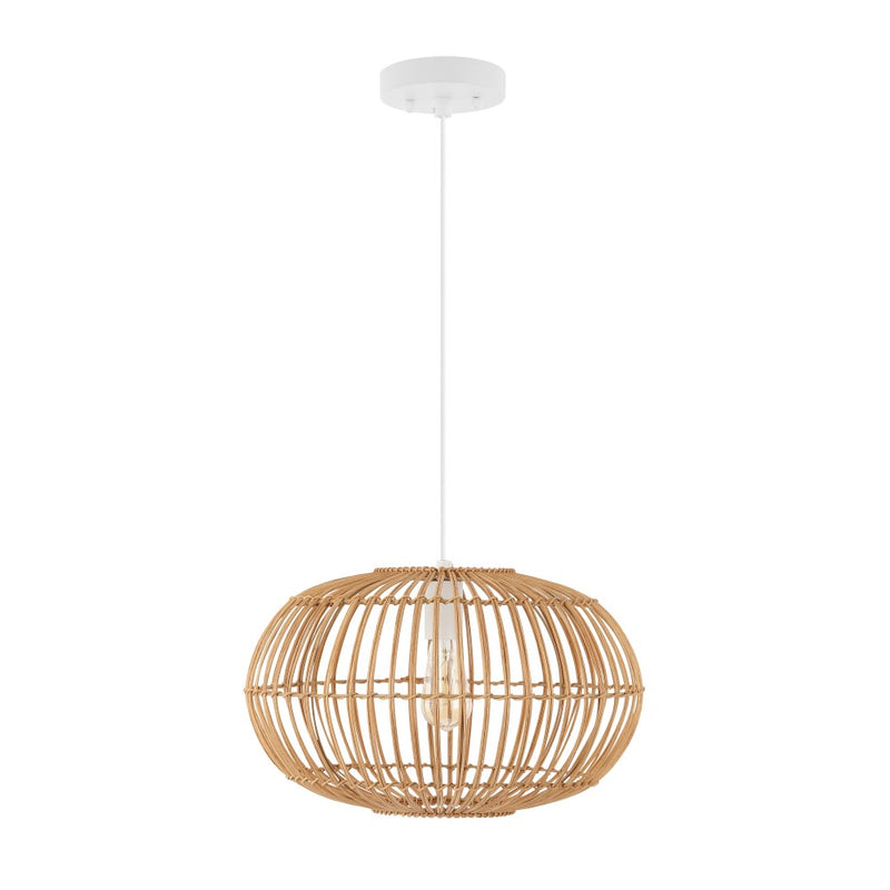 Leo 17.5" Farmhouse Coastal Rattan 180" Cord Plug-In or Hardwired LED Pendant - JONATHAN Y