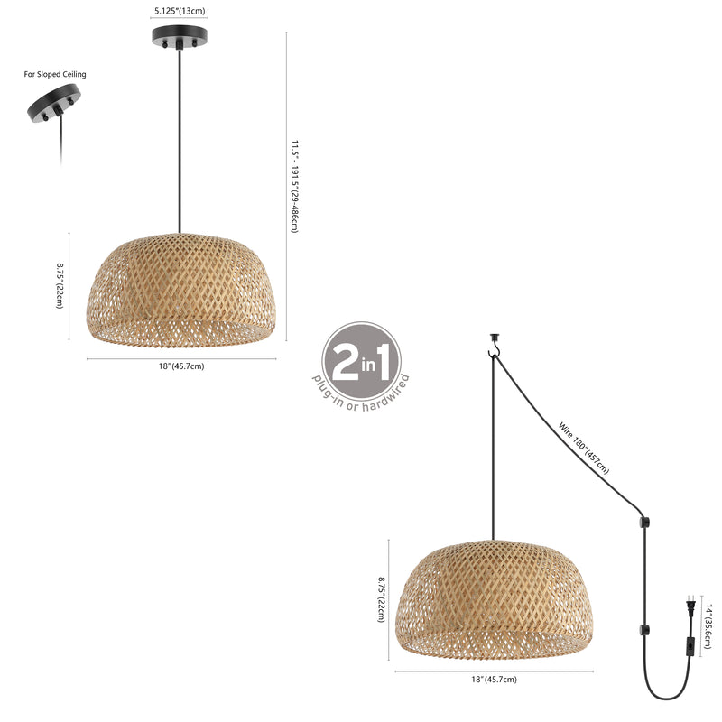 Mateo 18" Farmhouse Coastal Bamboo 180" Cord Plug-In or Hardwired LED Pendant - JONATHAN Y