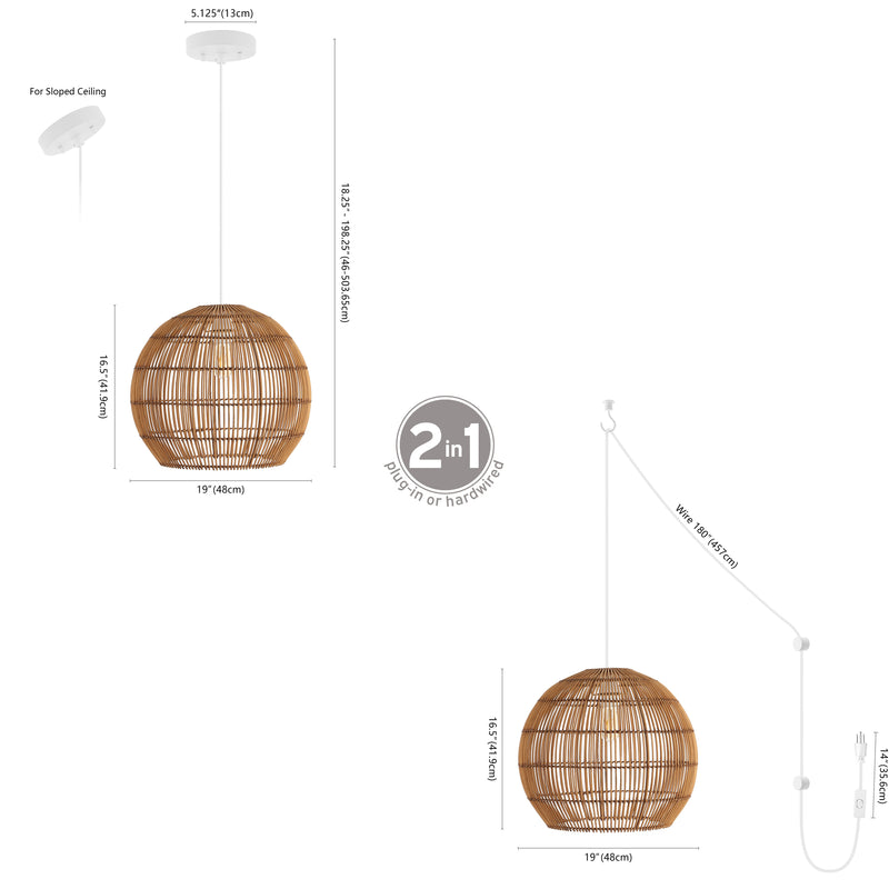 Raya 19" Farmhouse Coastal Rattan 180" Cord Plug-In or Hardwired LED Pendant - JONATHAN Y