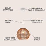 Raya 19" Farmhouse Coastal Rattan 180" Cord Plug-In or Hardwired LED Pendant - JONATHAN Y