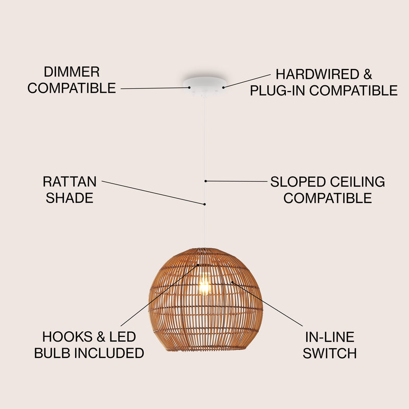 Raya 19" Farmhouse Coastal Rattan 180" Cord Plug-In or Hardwired LED Pendant - JONATHAN Y