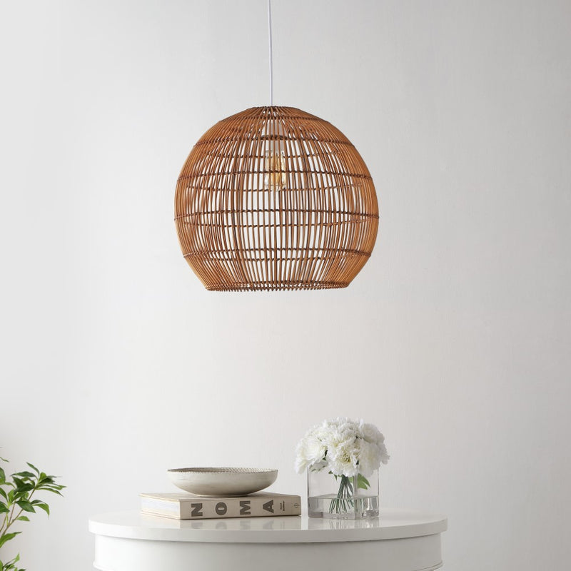 Raya 19" Farmhouse Coastal Rattan 180" Cord Plug-In or Hardwired LED Pendant - JONATHAN Y