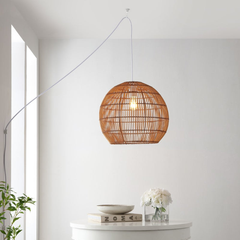 Raya 19" Farmhouse Coastal Rattan 180" Cord Plug-In or Hardwired LED Pendant - JONATHAN Y