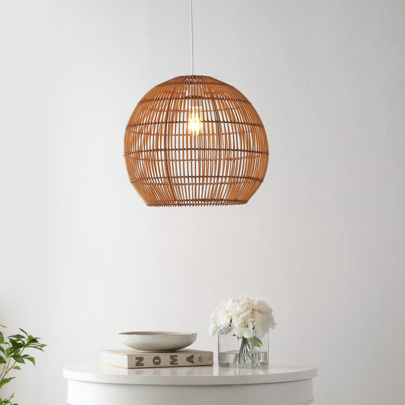 Raya 19" Farmhouse Coastal Rattan 180" Cord Plug-In or Hardwired LED Pendant - JONATHAN Y