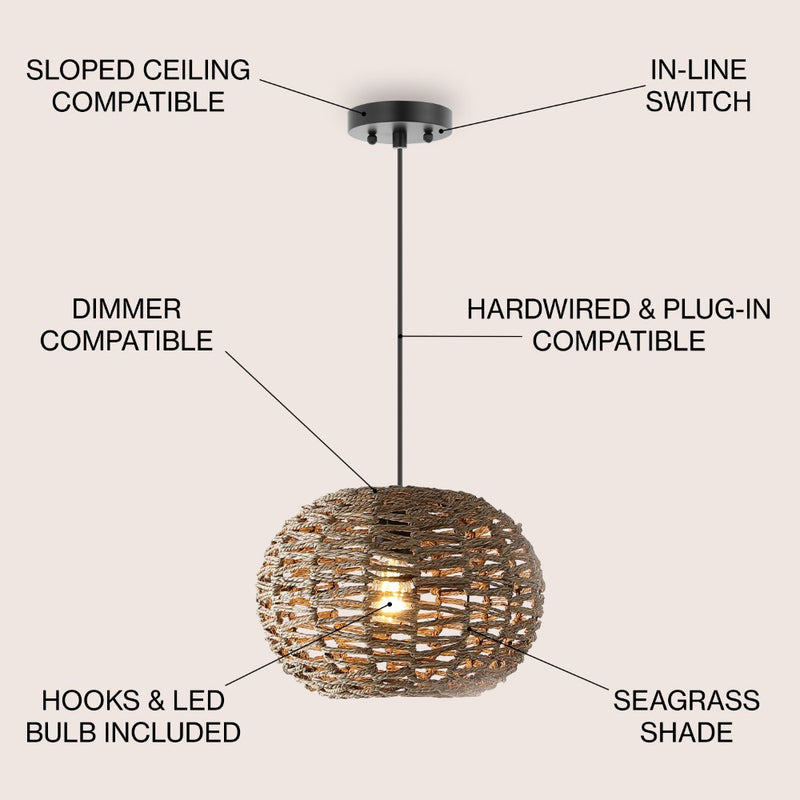 Isla 14" Farmhouse Coastal Rattan 180" Cord Plug-In or Hardwired LED Pendant - JONATHAN Y