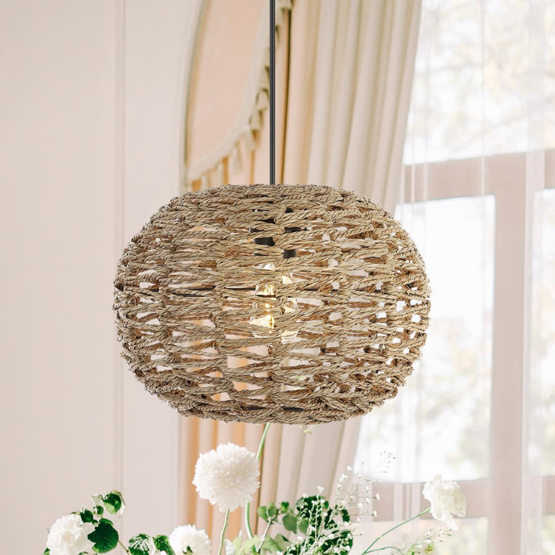 Isla 14" Farmhouse Coastal Rattan 180" Cord Plug-In or Hardwired LED Pendant - JONATHAN Y