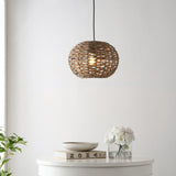 Isla 14" Farmhouse Coastal Rattan 180" Cord Plug-In or Hardwired LED Pendant - JONATHAN Y