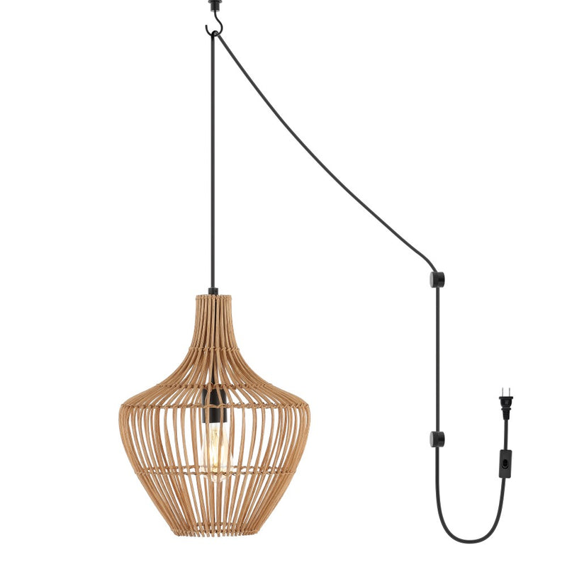 Lucas 13" Farmhouse Coastal Rattan 180" Cord Plug-In or Hardwired LED Pendant - JONATHAN Y