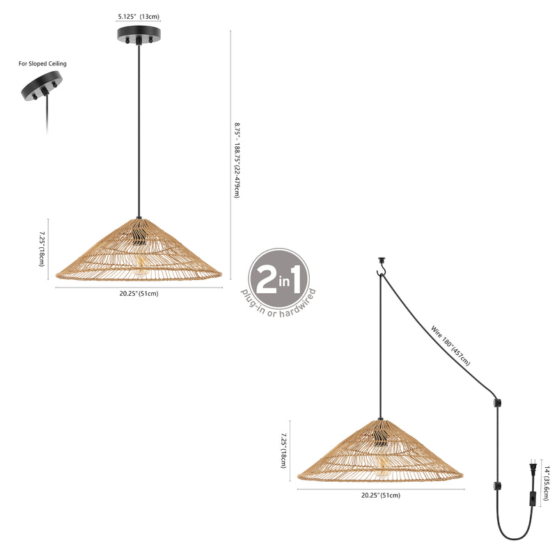Nova 20.25" Farmhouse Coastal Rattan 180" Cord Plug-In or Hardwired LED Pendant - JONATHAN Y
