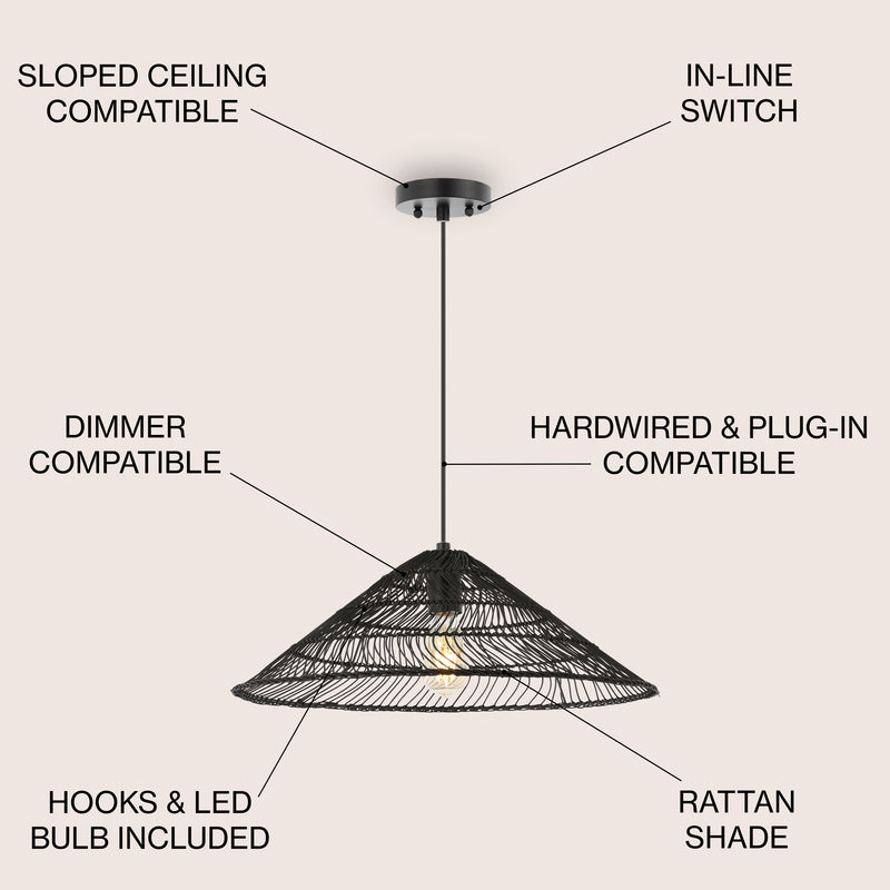 Nova 20.25" Farmhouse Coastal Rattan 180" Cord Plug-In or Hardwired LED Pendant