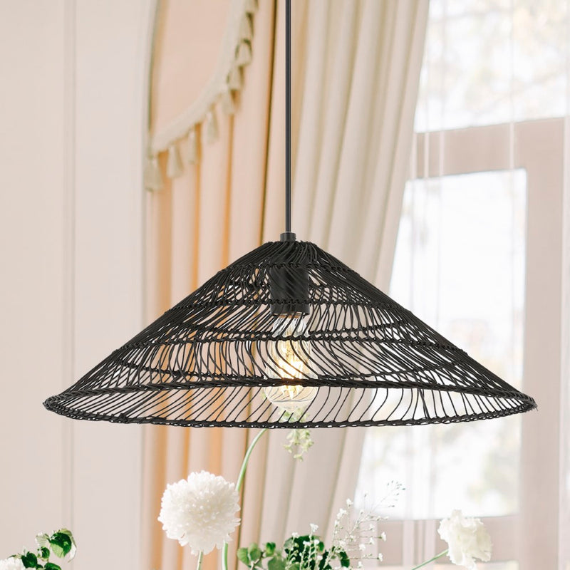 Nova 20.25" Farmhouse Coastal Rattan 180" Cord Plug-In or Hardwired LED Pendant - JONATHAN Y