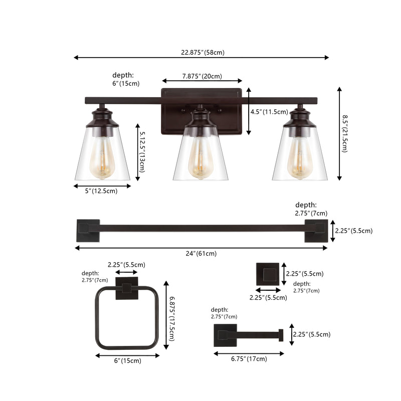 Arlo 22.88" 3-Light Vintage Classic Vanity Light with Bathroom Hardware Accessory Set - JONATHAN Y
