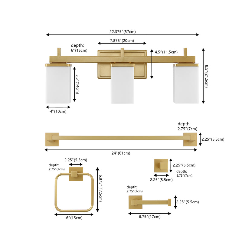 Caia 22.38" 3-Light Modern Contemporary Vanity Light with Frosted Glass Shades and Bathroom Hardware Accessory Set - JONATHAN Y