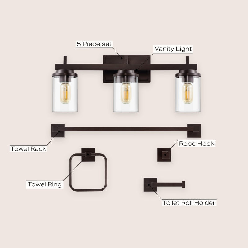 Liam 23.25" 3-Light Farmhouse Industrial Vanity Light with Bathroom Hardware Accessory Set - JONATHAN Y