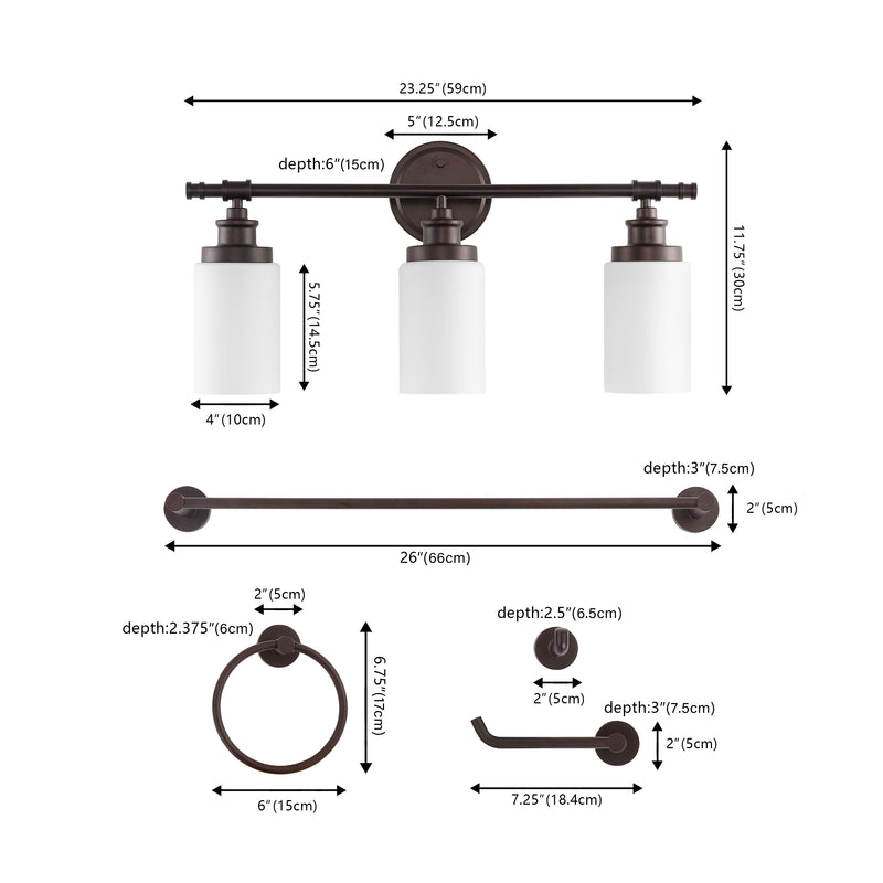 Egan 23.25" 3-Light Classic Cottage Vanity Light with Frosted Glass Shades and Bathroom Hardware Accessory Set - JONATHAN Y