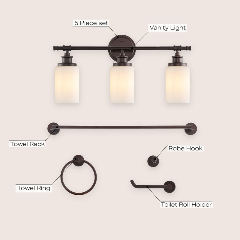 Egan 23.25" 3-Light Classic Cottage Vanity Light with Frosted Glass Shades and Bathroom Hardware Accessory Set - JONATHAN Y