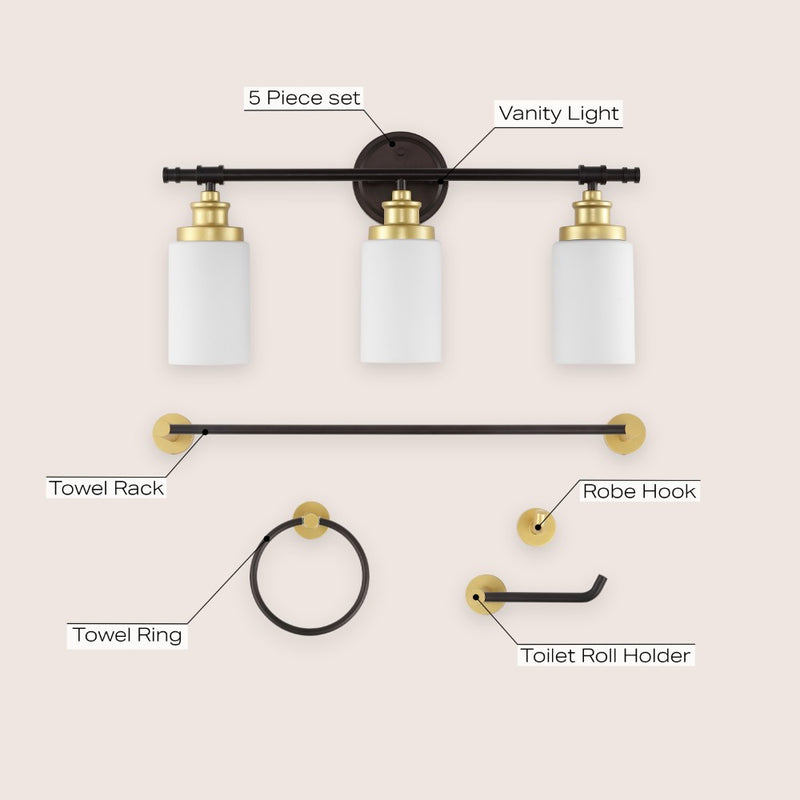 Egan 23.25" 3-Light Classic Cottage Vanity Light with Frosted Glass Shades and Bathroom Hardware Accessory Set - JONATHAN Y